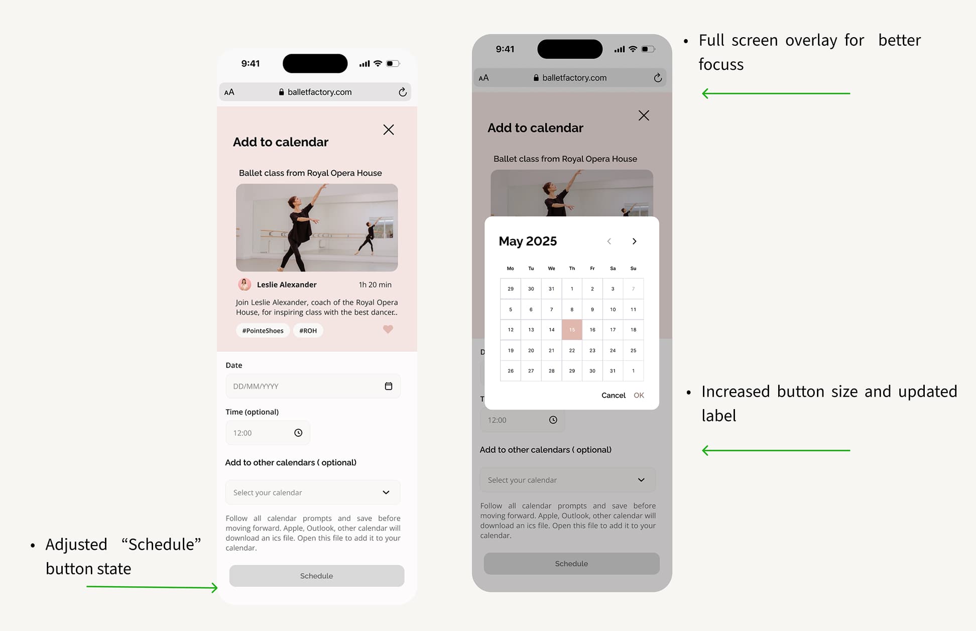 Ballet Factory mobile calendar confirmation UI after redesign with full-screen overlay and larger buttons