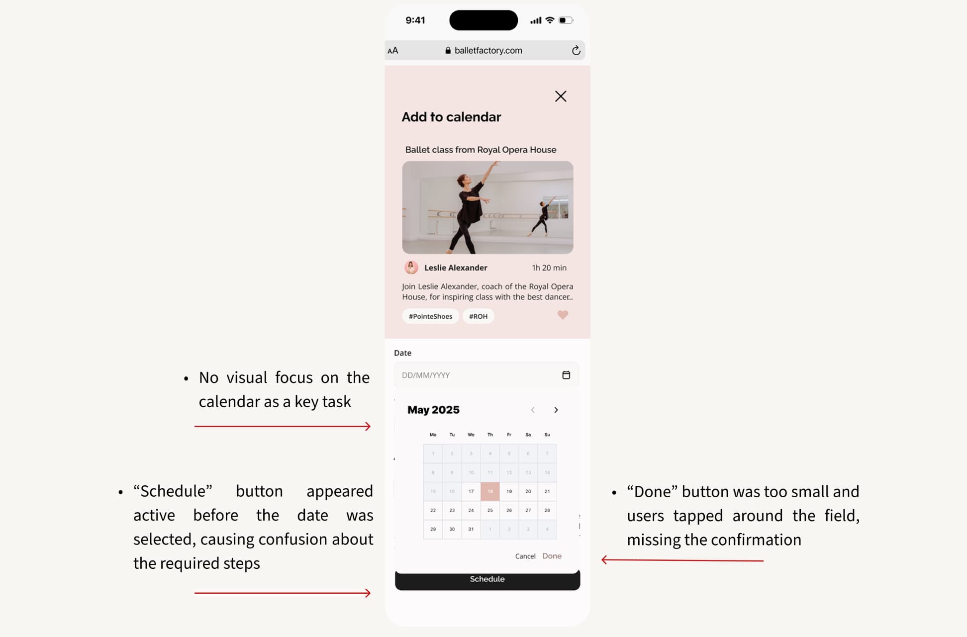 Ballet Factory mobile calendar confirmation UI before redesign showing small, hard-to-tap buttons