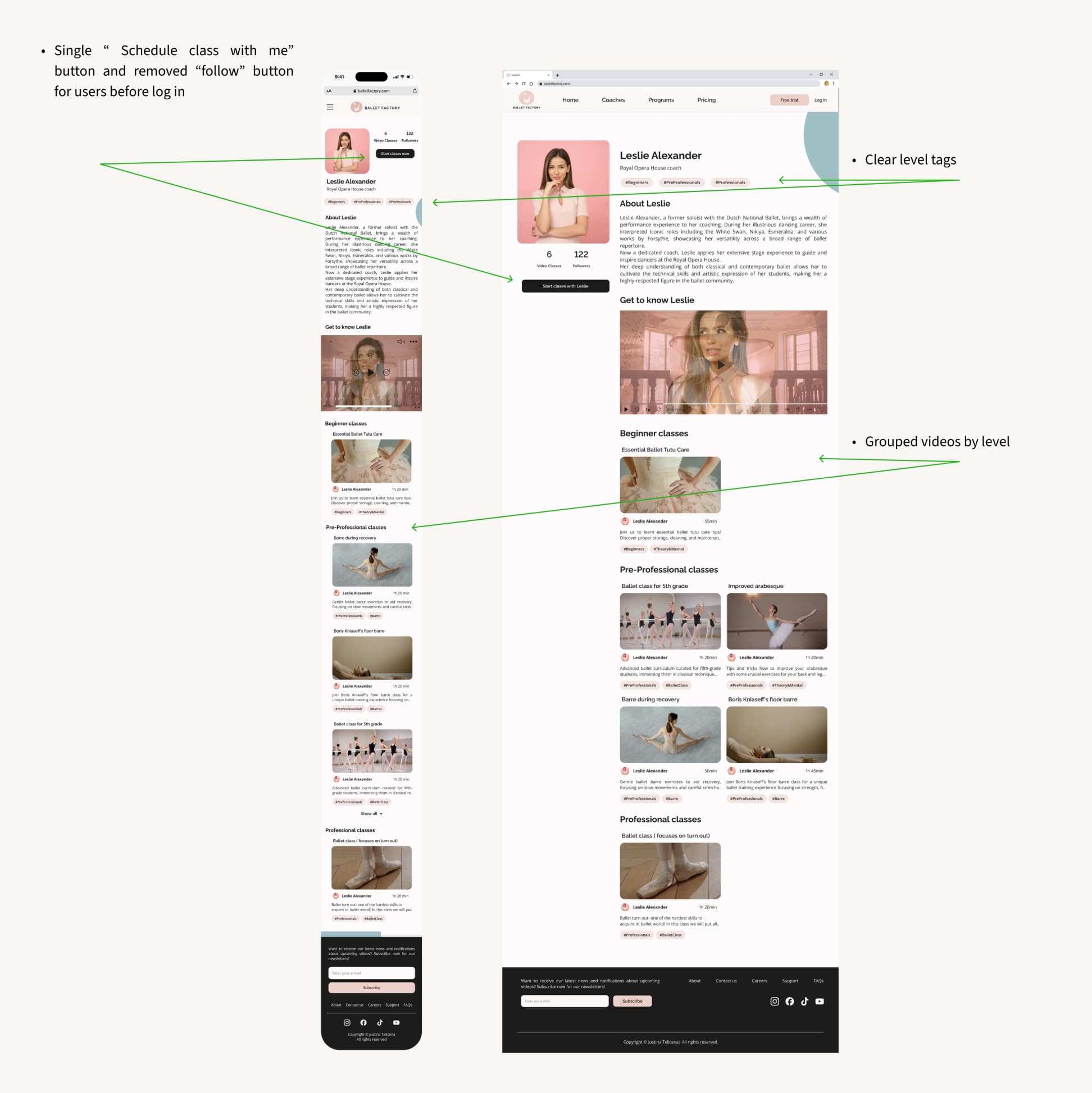Ballet Factory coach profile after redesign with clear level tags and organized content by experience level