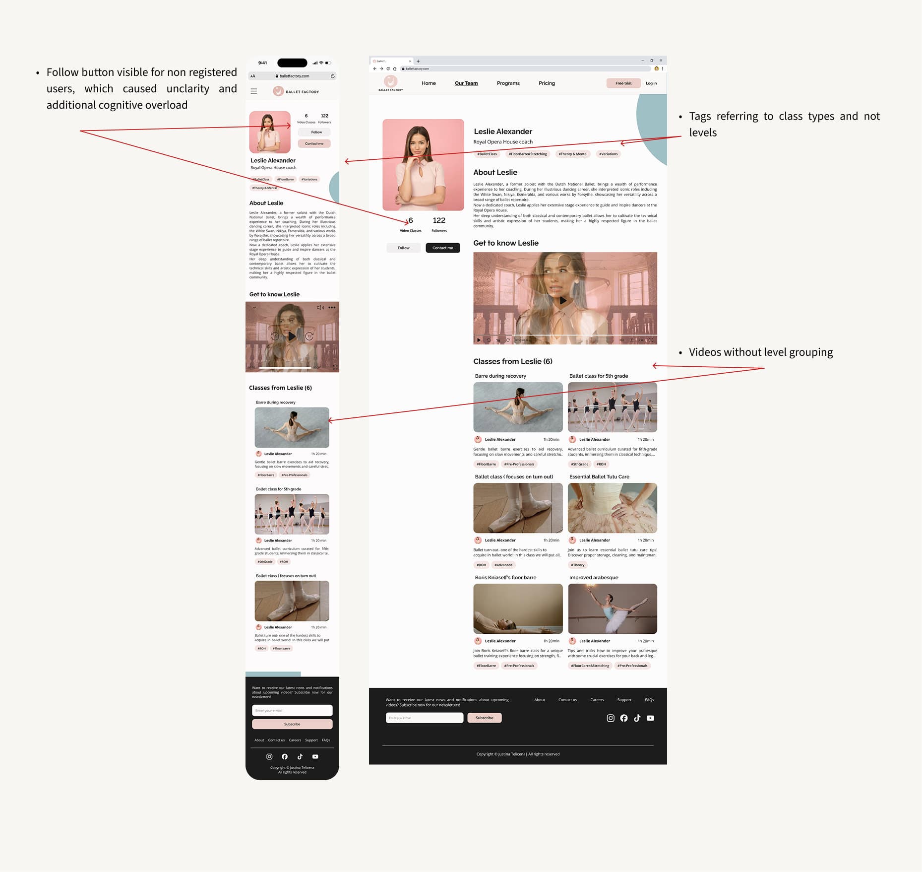 Ballet Factory coach profile before redesign with unclear teaching level indicators