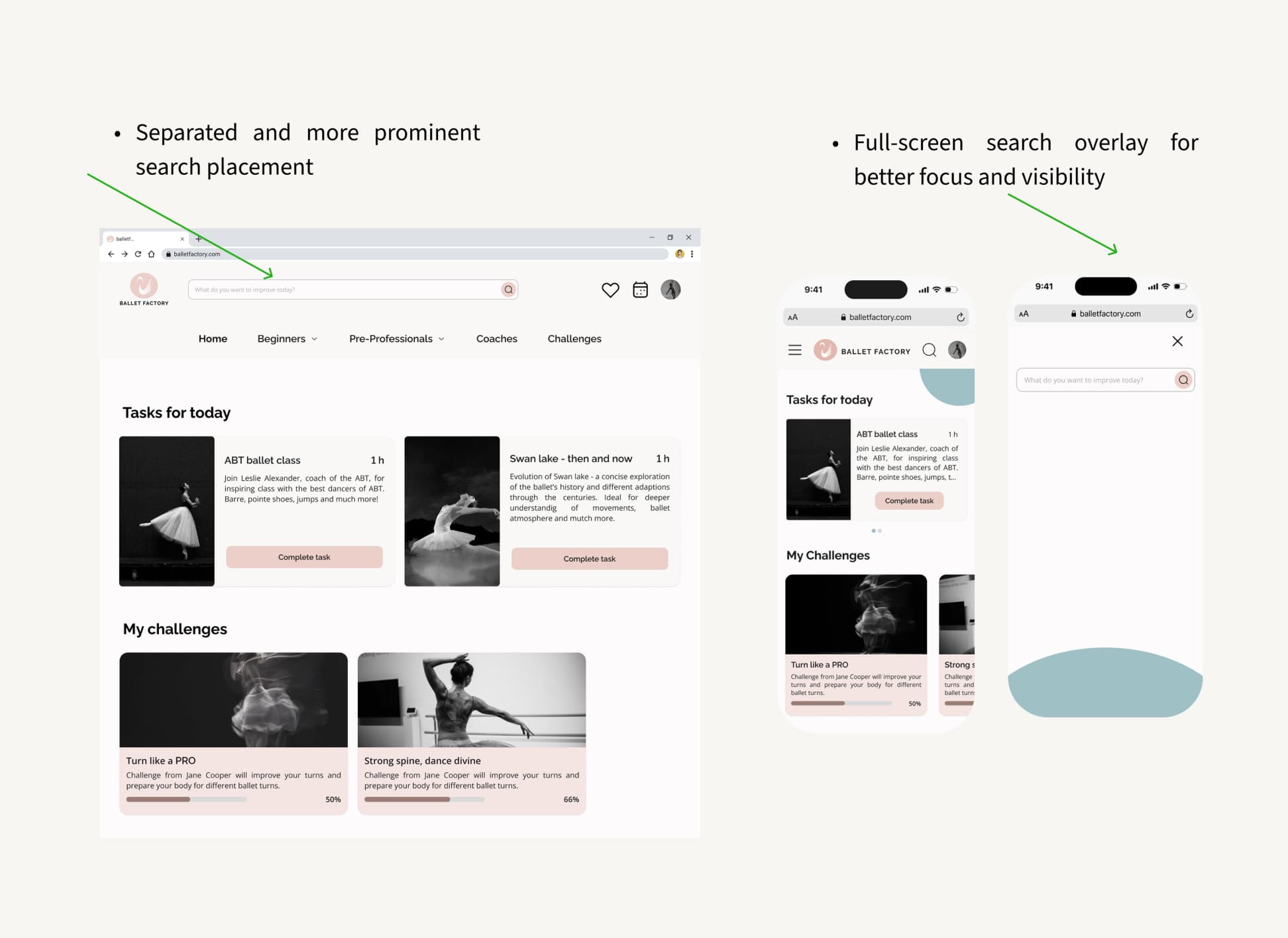 Ballet Factory search function after redesign with prominent placement and clearer visual treatment