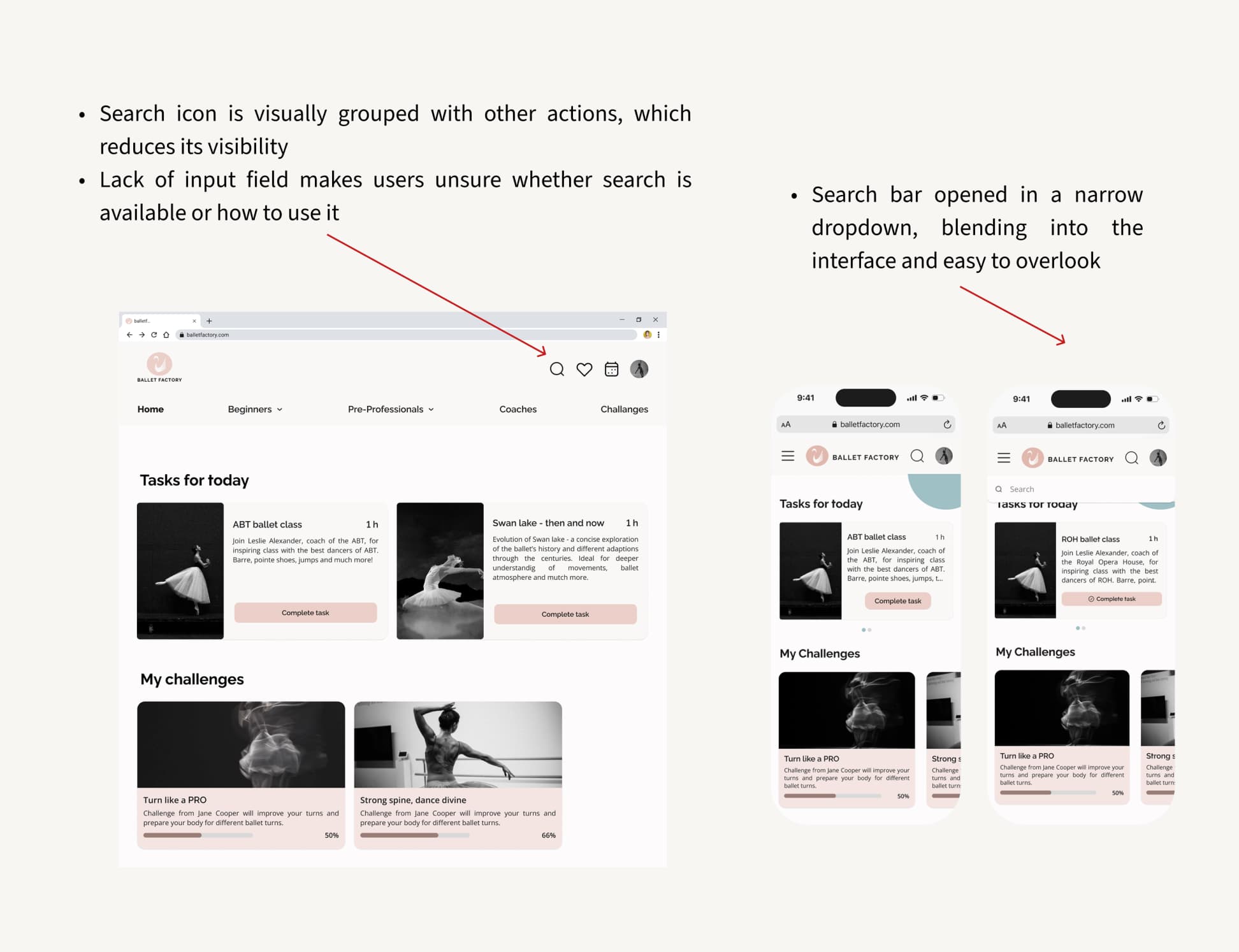 Ballet Factory search function placement before redesign showing low visibility and discoverability issues