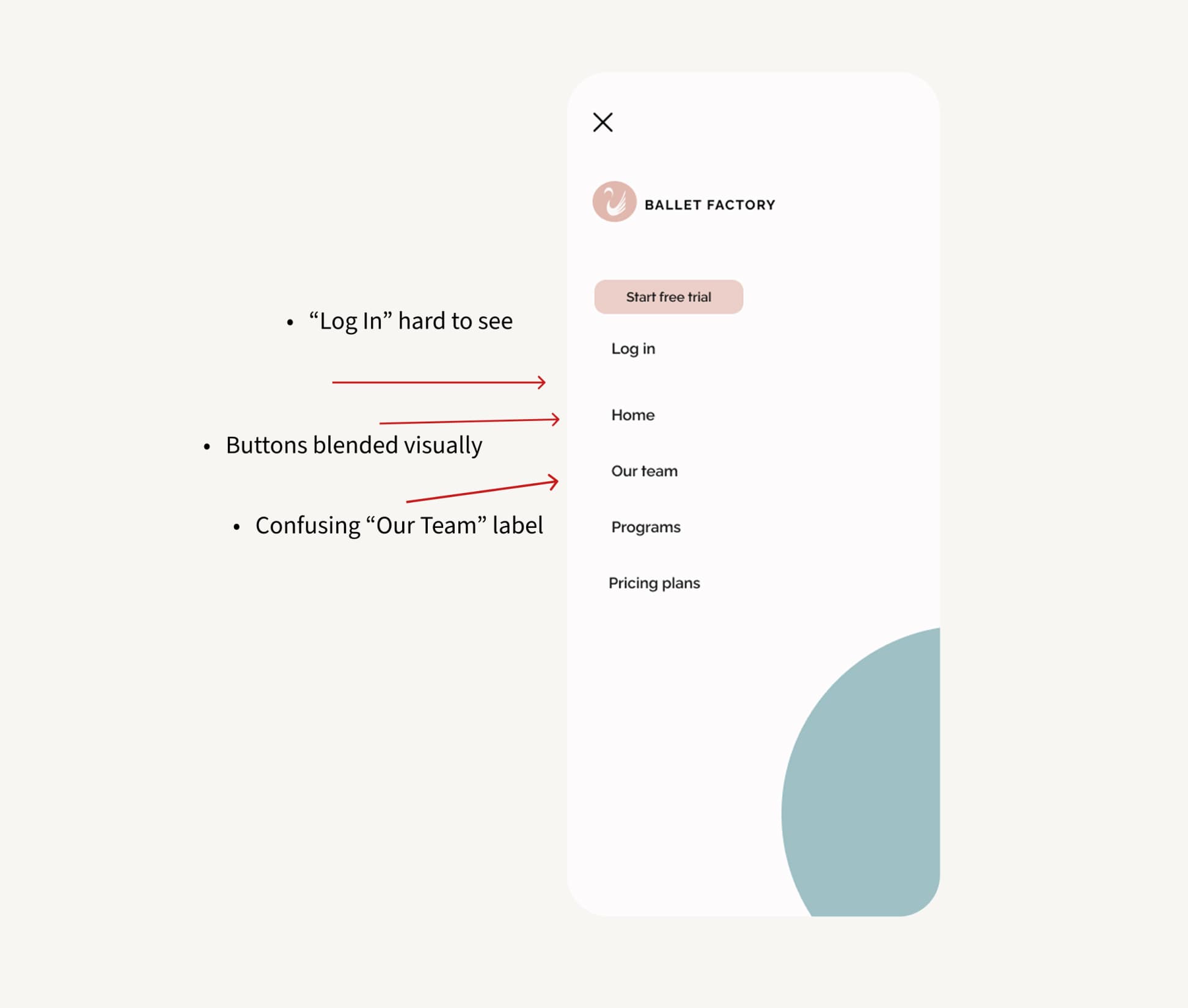 Ballet Factory mobile menu before redesign with unclear labels and poor visual hierarchy