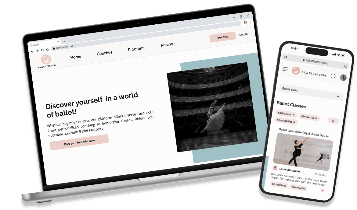 Ballet Factory UI mockups on devices