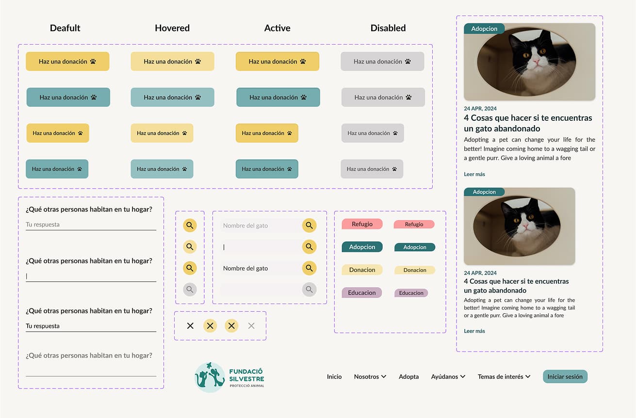 Pet shelter UI key components including buttons, cards, and navigation elements